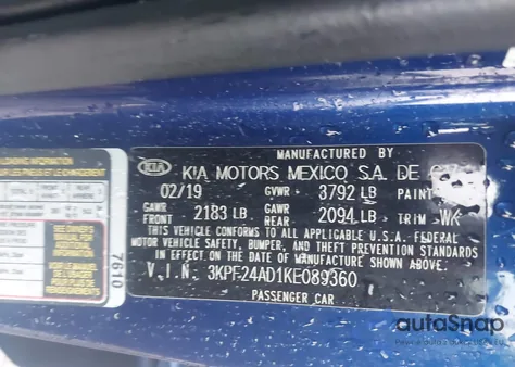 2019 Kia Forte Lxs z USA, uszkodzony, nr VIN 3KPF24AD1KE089360